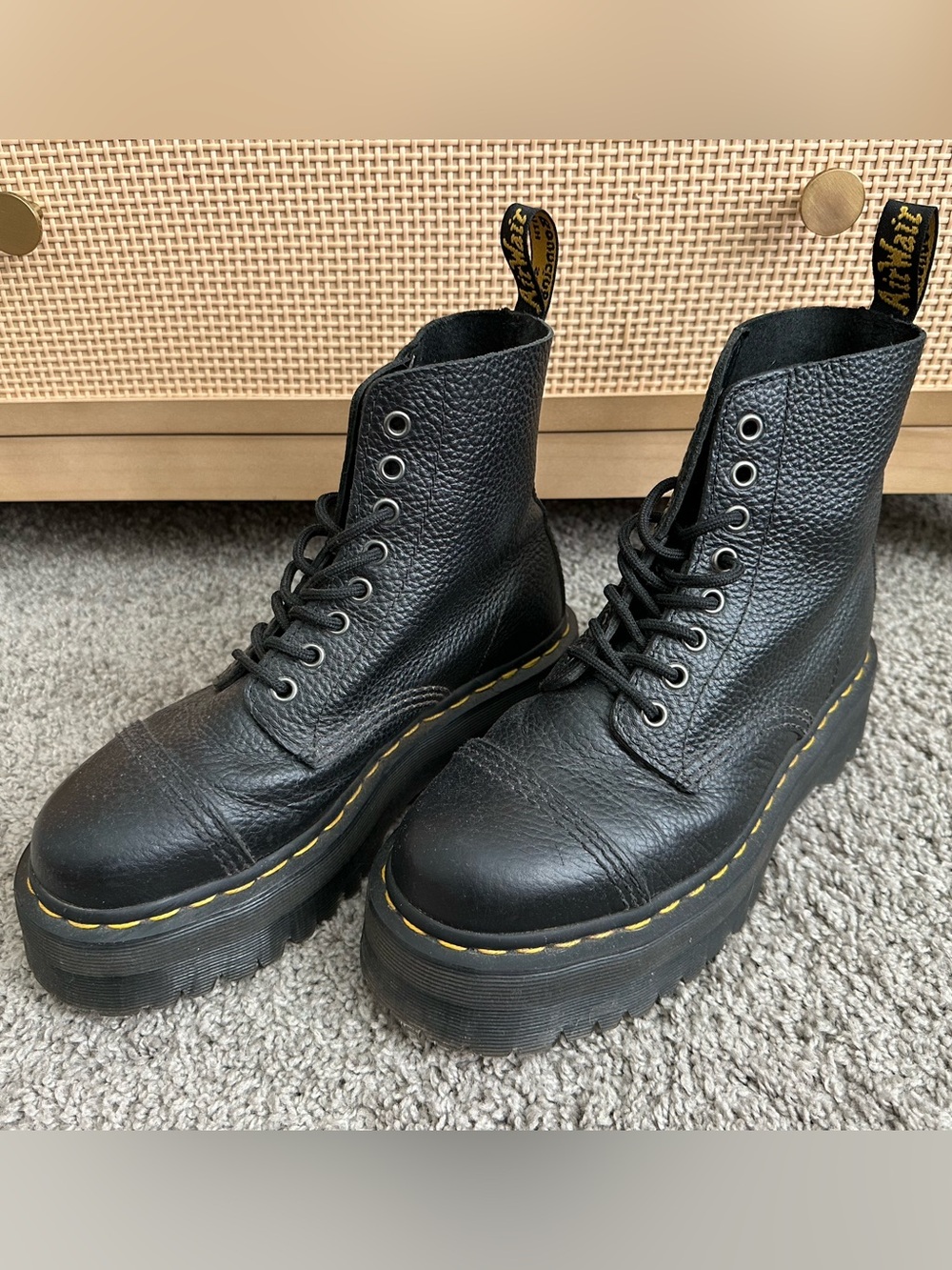 Dr. Martens Black Leather Platform 8-Eye Lace-Up Boots with Yellow Stitching